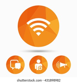 Wifi and chat bubbles icons. Add user and megaphone loudspeaker symbols. Communication signs. Triangular low poly buttons with shadow. Vector