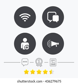 Wifi and chat bubbles icons. Add user and megaphone loudspeaker symbols. Communication signs. Chat, award medal and report linear icons. Star vote ranking. Vector