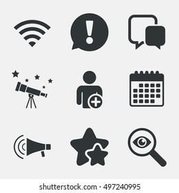 Wifi and chat bubbles icons. Add user and megaphone loudspeaker symbols. Communication signs. Attention, investigate and stars icons. Telescope and calendar signs. Vector