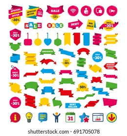 Wifi and chat bubbles icons. Add user and megaphone loudspeaker symbols. Communication signs. Shopping tags, banners and coupons signs. Calendar, Information and Download icons. Vector
