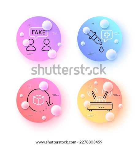 Wifi, Chemistry pipette and Return package minimal line icons. 3d spheres or balls buttons. Fake information icons. For web, application, printing. Internet router, Laboratory, Exchange goods. Vector