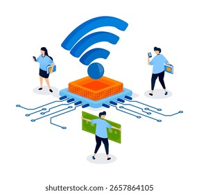 Redes WiFi y de chips que soportan transacciones digitales seguras en servicios financieros modernos. Ilustración creativa para Sitio web, Landing Page, App móviles, Startup Flyer, Anuncio y diseño de anuncios