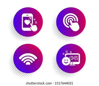 Wifi, Click and Heart rating icons simple set. Halftone dots button. Smile sign. Wi-fi internet, Cursor pointer, Phone feedback. Positive feedback. Technology set. Classic flat wifi icon. Vector
