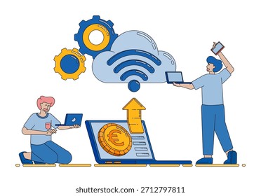 wifi cloud connected to financial and banking activities showing smooth online transactions and modern digital payments vector cartoon. Can be used for cartoon, website, banner, brosur, flayer