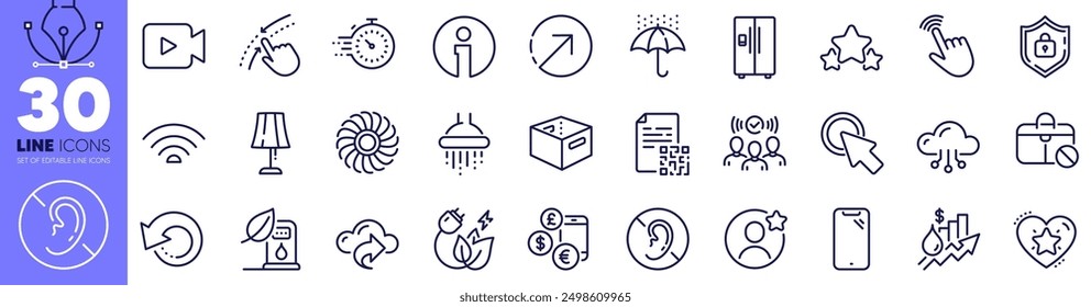 Wifi, Cloud share and Shield line icons pack. Stars, Timer, Swipe up web icon. Office box, Waterproof umbrella, Jobless pictogram. Best friend, Ranking star, Qr code. Green energy. Vector