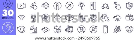 Wifi, Cloud share and Shield line icons pack. Stars, Timer, Swipe up web icon. Office box, Waterproof umbrella, Jobless pictogram. Best friend, Ranking star, Qr code. Green energy. Vector