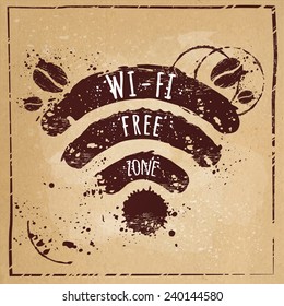 Wi-fi coffee,Wi-fi free zone, Wi-fi symbol with splashes on the kraft paper texture