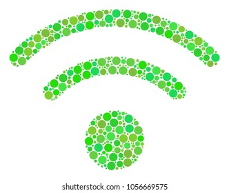 Wi-Fi collage of dots in various sizes and fresh green color tints. Vector round elements are composed into wi-fi mosaic. Freshness vector illustration.