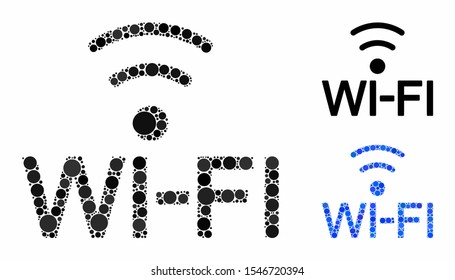 Wi-Fi composition of filled circles in variable sizes and shades, based on Wi-Fi icon. Vector filled circles are combined into blue composition. Dotted Wi-Fi icon in usual and blue versions.