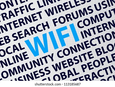 WiFi concept background with keywords isolated against with cages