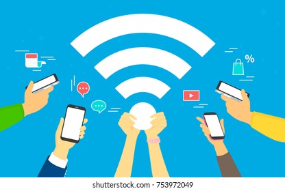 Wifi concept vector illustration of young men and women using smartphones happy to watch video, texting messages, reading news and shopping. Flat human hands hold big wi-fi sign on blue background