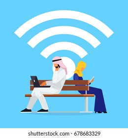 Wi-Fi concept. Young Muslim couple in a flat style of sitting on the bench. Arab men and women in traditional clothes read using a tablet pc. Vector illustration.