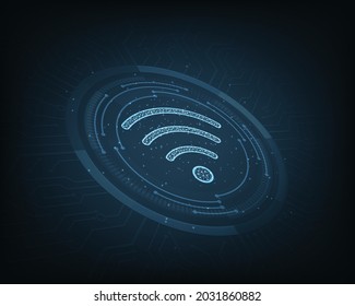 Wifi Connecting Concept.Futuristic Glowing Low Polygonal Wifi Symbol On Dark Blue Electric Circuit Background.Wireless Technology, Communication.