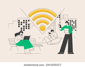 Ilustración de vector de concepto abstracto de conexión Wi-Fi. Tecnología de comunicación por Internet, servicio de Wi-Fi público gratuito, conexión inalámbrica a dispositivos, teléfono móvil, metáfora abstracta de acceso a la red.