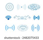 Wi-Fi connection concept with light effects. A set of blue sound waves, each with a unique shape and perspective. Modern means of communication are depicted as glowing waves on a white background.