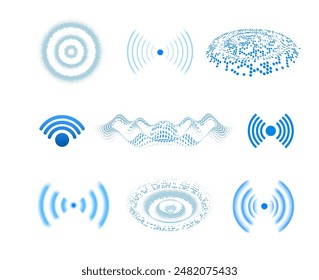 Wi-Fi connection concept with light effects. A set of blue sound waves, each with a unique shape and perspective. Modern means of communication are depicted as glowing waves on a white background.