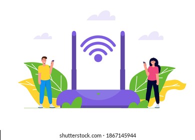 Concepto de conexión WiFi. Dispositivos conectados a distancia. Ilustración vectorial.