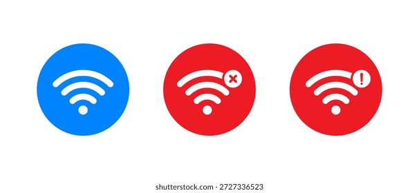 Icono de conexión Wifi en círculo rojo. Estado de red inalámbrica, problema de Internet y señal de advertencia