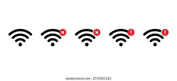 Wifi connection icon set with error and alert icon. Wireless network status, internet problem, and signal warning symbol