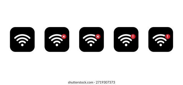 Conjunto de iconos de conexión Wifi con icono de error y alerta en cuadrado negro. Estado de red inalámbrica, problema de Internet y señal de advertencia