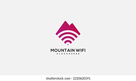 WiFi Connection Internet Network with letter M Mountain logo design