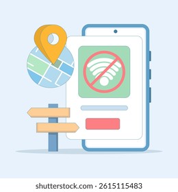 Wifi connection lost concept, no internet access found. Connection lost on smartphone screen. Wireless connectivity lost. Wifi connection error. No network signal. Flat design illustration.