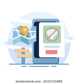Wifi connection lost concept, no internet access found. Connection lost on smartphone screen. Wireless connectivity lost. Wifi connection error. No network signal. Flat design illustration.
