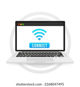 Wi-Fi connection on the laptop screen. Wi-Fi signal on the screen. Internet concept. Wi-Fi connection button for laptop. Webpage. Vector illustration