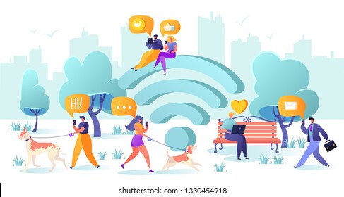 Wi-fi connection in the park. People using smartphone and laptop during the walk in the park. Vector illustration with flat people characters chatting in social network. 