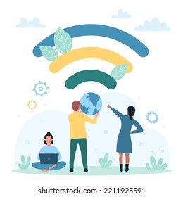 WIFI, Connection And Public Assess Vector Illustration. Cartoon Tiny People In Free Internet Zone Using Laptop Near WIFI Sign, Hotspot With Wireless Signal For Chat, Communication And Online Work