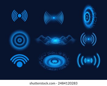 The Wi-Fi connection is represented by a set of blue glowing sound waves. Ideal for depicting modern wireless communications in high-tech visuals against a dark background.