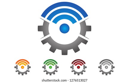 Wifi connection signal icon with gear or settings icon in the circle, Mechanic and signal symbol or icon, Unique industrial and radio, internet logotype design template