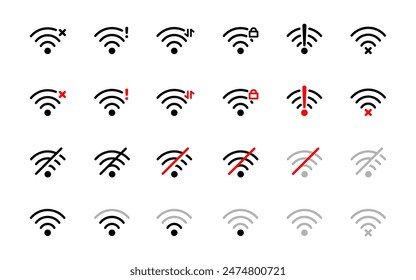 Wi-Fi connection status icon set. Lost signal symbol. Wi-fi error vector illustration. Network indicator icon collection. Wireless router connection status set isolated.