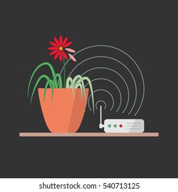 Wi-fi danger vector illustration concept. Wireless signal is influencing on green plant, which leads to leaves fade. Infographics element in flat design, isolated.