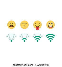 Wi-Fi different signal levels with emoji face rate. Wireless signal strength indicator icon. Sign for remote internet access. Vector illustration