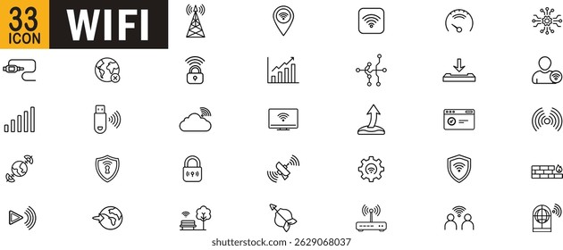 Wifi editable outline icon set. Internet, connection, network, signal, router, cybersecurity and more.