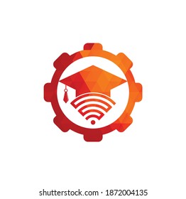 Wifi education gear shape concept logo design template. Graduate hat and wifi vector logo design.