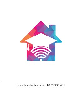 Wifi education home shape concept logo design template. Graduate hat and wifi vector logo design. Study online logo concept