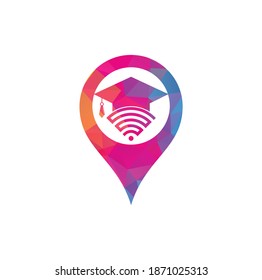 Plantilla de diseño del logotipo de la forma del pin de la forma del mapa de educación wifi. Diseño de logotipo vectorial de sombrero graduado y wifi. Estudiar el concepto de logotipo en línea