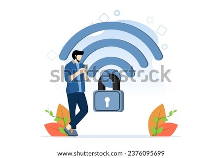 Wifi encryption concept, wireless security or safety for internet connection, network protection or mobile access, password encryption, mobile phone user connected to wifi with padlock encryption.