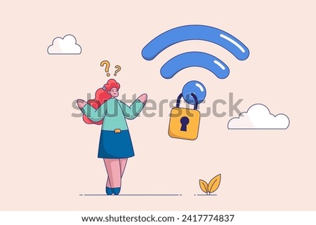 Wifi encryption concept. Wireless security or safety for internet connection, network protection or mobile access, password encryption, woman user connect to wifi network with padlock encryption.