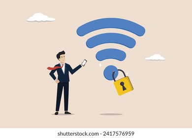 Wifi encryption, wireless security or safety for internet connection, password encryption concept, man mobile user connect to wifi network with padlock encryption.