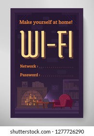 Wifi flyer design network and password. Cozy living room illustration. Hotel internet spot offer. Flyer 4:6 wall decor. Eps10 vector