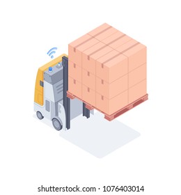 Wi-fi forklift lifting pallet with boxes isolated on white background. Smart electric forklift standing in warehouse loaded by boxes on a pallet. Vector 3d isometric illustration on white background.