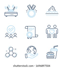 Wifi, Friends couple and Honor line icons set. Diploma certificate, save planet, group of people. Hamburger, Chemistry molecule and Skin care signs. Internet router, Friendship, Medal. Vector