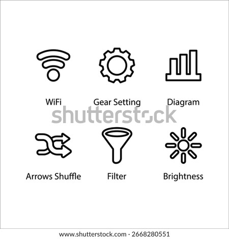 WiFi, Gear Setting, Diagram, Arrows Shuffle, Filter, Brightness, Icon, Line icon Set