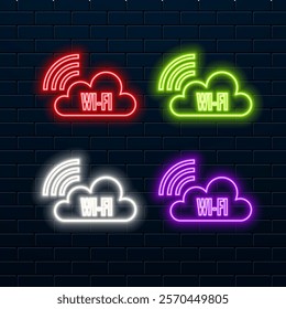 Wi-Fi glowing free Neon icon isolated on brick wall background. Wi-Fi symbol. Wireless network icon. Wi-Fi zone..