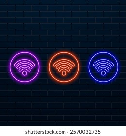 Wifi. Glowing neon icon on brick wall background.