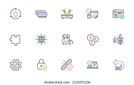 Wifi, Gluten free and Online documentation line icons for website, printing. Collection of Idea, Puzzle, Fingerprint lock icons. International globe, Project deadline, Account web elements. Vector