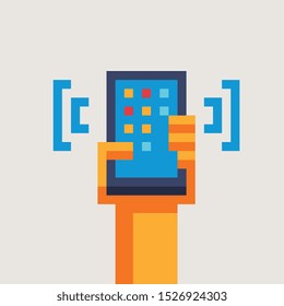 Wifi, hand holding a phone, pixel art icon, design for logo, sticker, mobile app, vector illustration. Game assets of an 8-bit sprite.